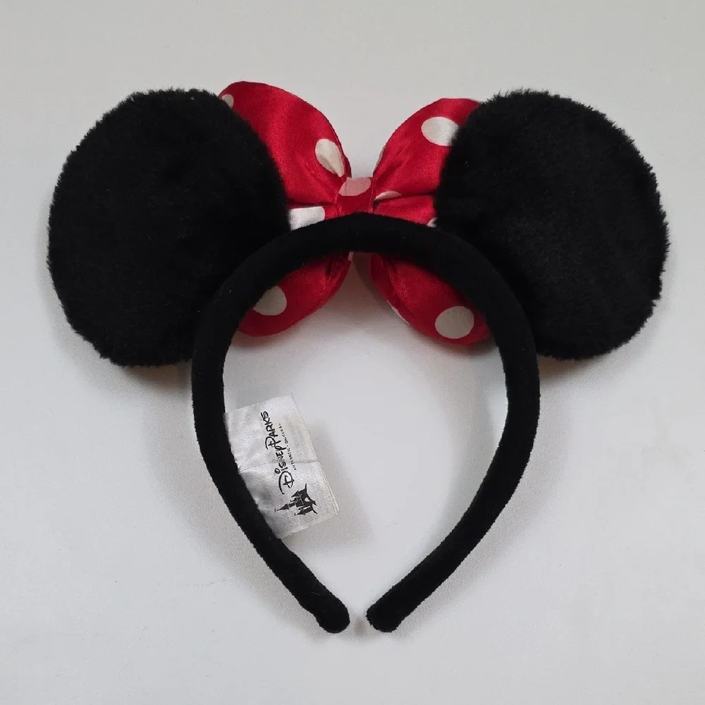 Disney Parks Minnie Mouse Ears - Fuzzy Black With Puffy Red Satin Bow Headband